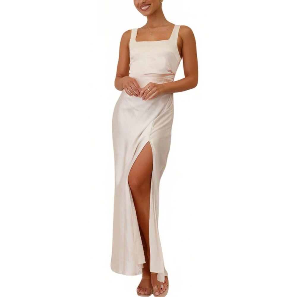 Summer Vacation Satin Maxi Dresses Wedding Guest Dress with Slit Champagne S